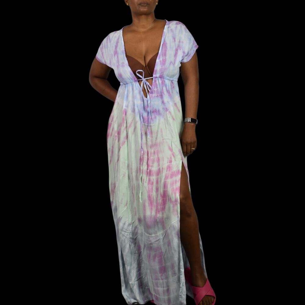 Pastel Tie Dye Maxi Swim Coverup Dress Blue Open Front Plunge Thigh Patio Small - Picture 12 of 14